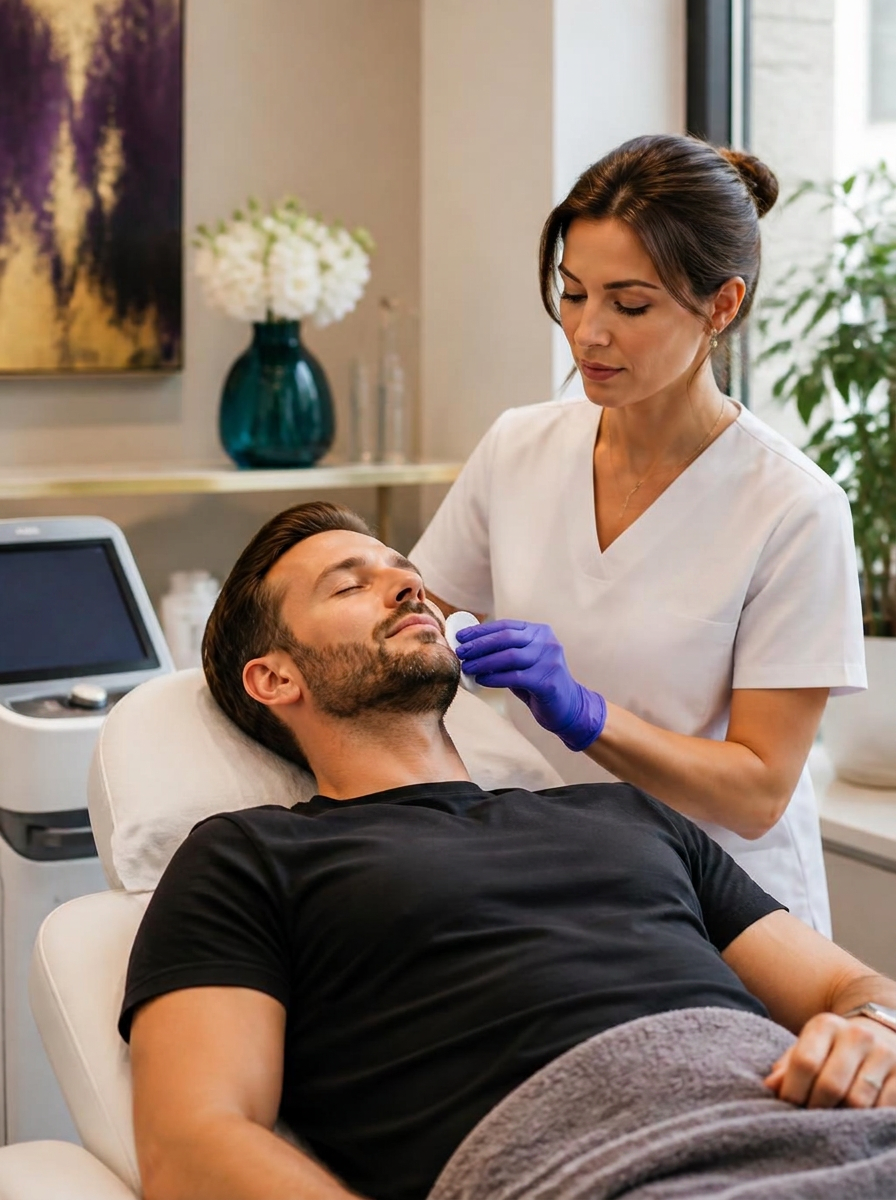 A male client receiving a skin treatment at Zazura Skin & Laser Clinic in Durham