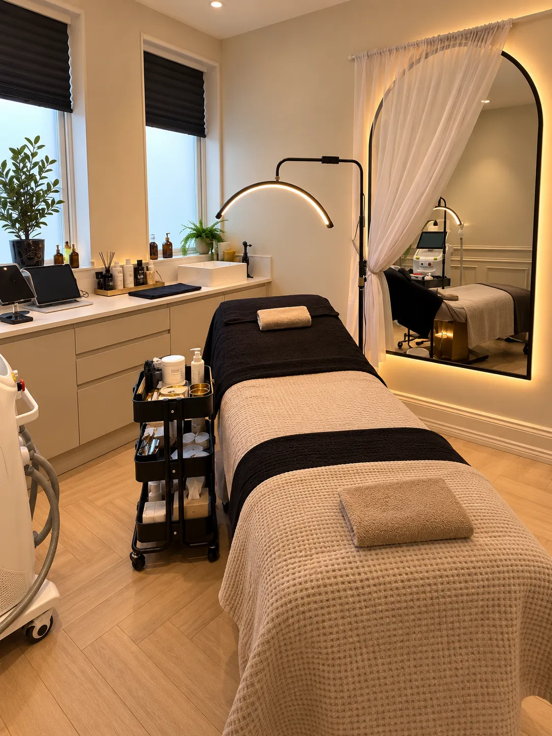 Treatment room at Zazura Skin & Laser Clinic in Gilesgate, Durham, with a treatment couch, arched mirror and warm natural light