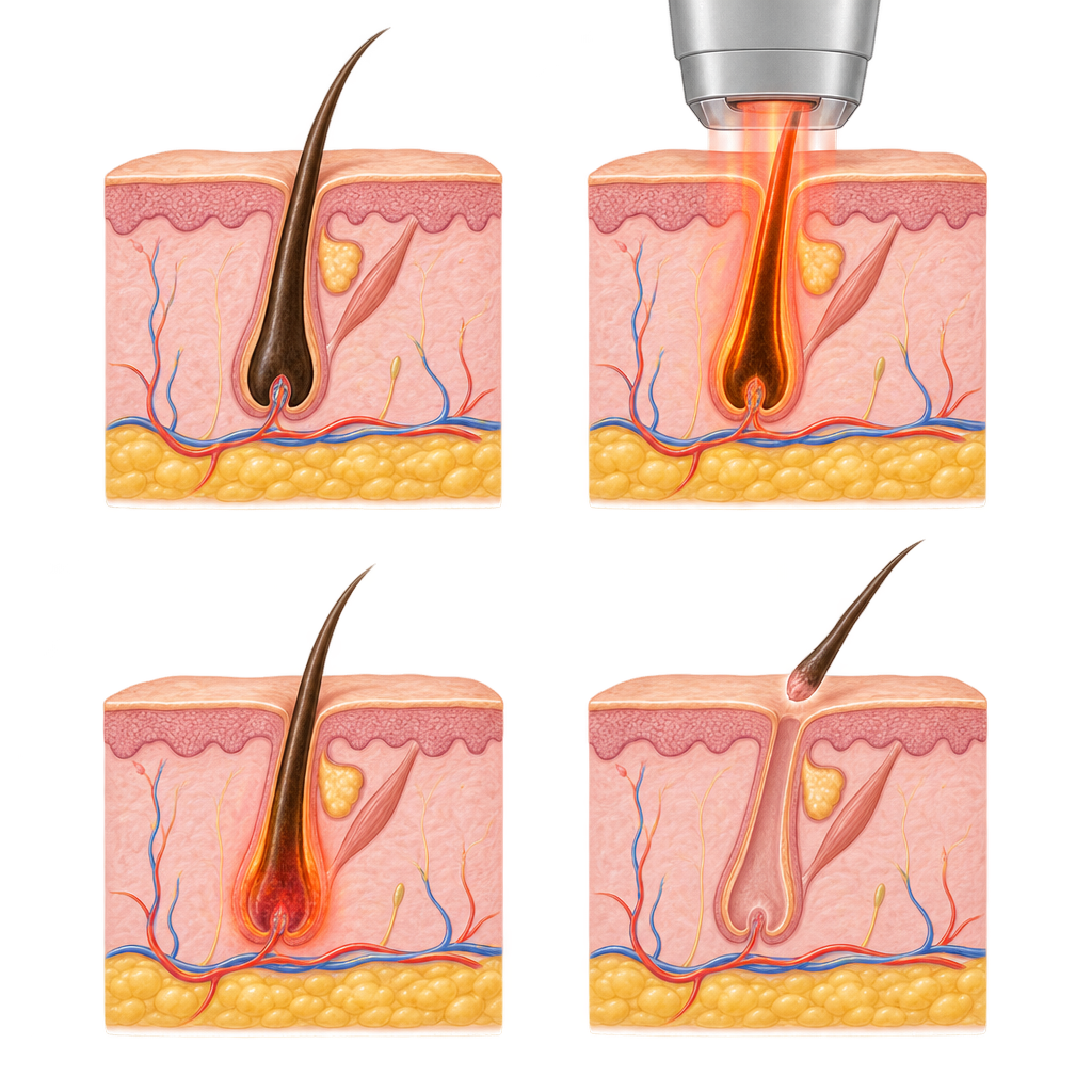 Medical illustration showing how laser energy targets pigment within a hair follicle during laser hair reduction.