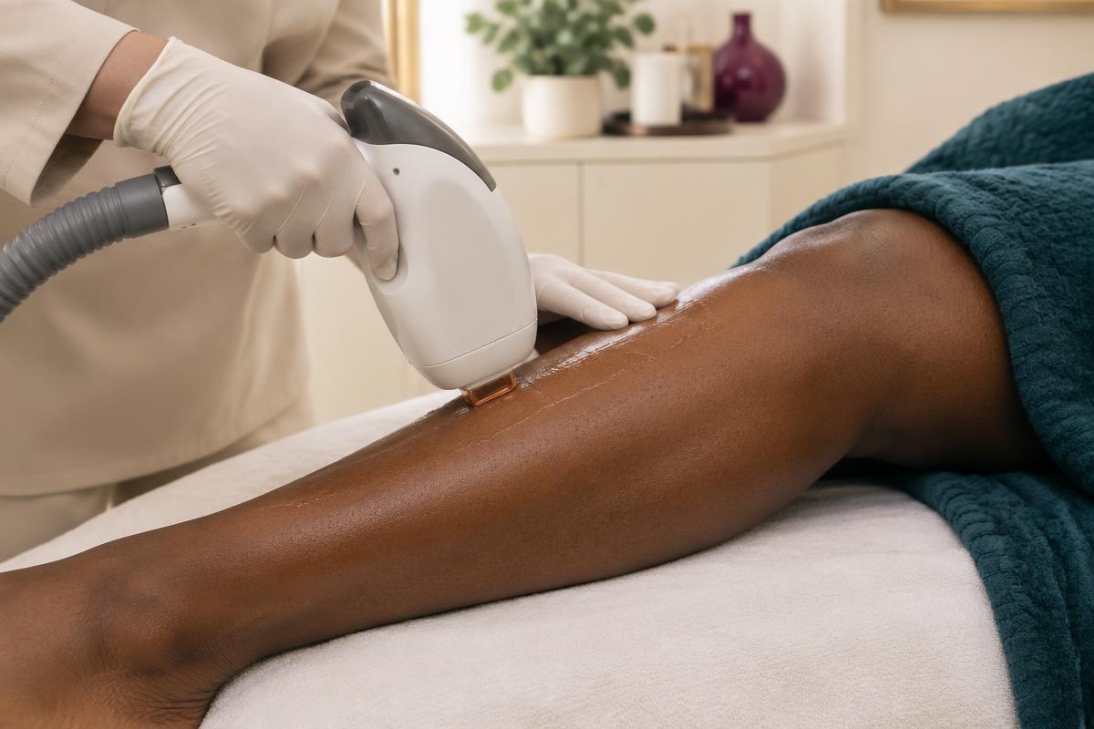 Laser hair reduction treatment being performed on deep brown skin