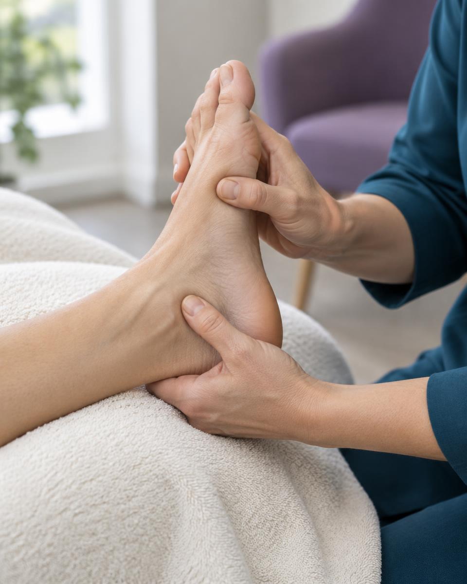 A reflexologist gently supporting a client's foot during a reflexology treatment