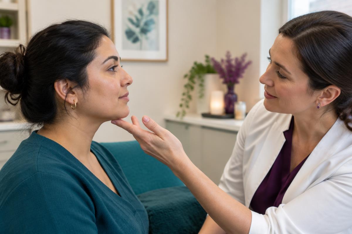 A practitioner assessing a client's facial skin during a consultation