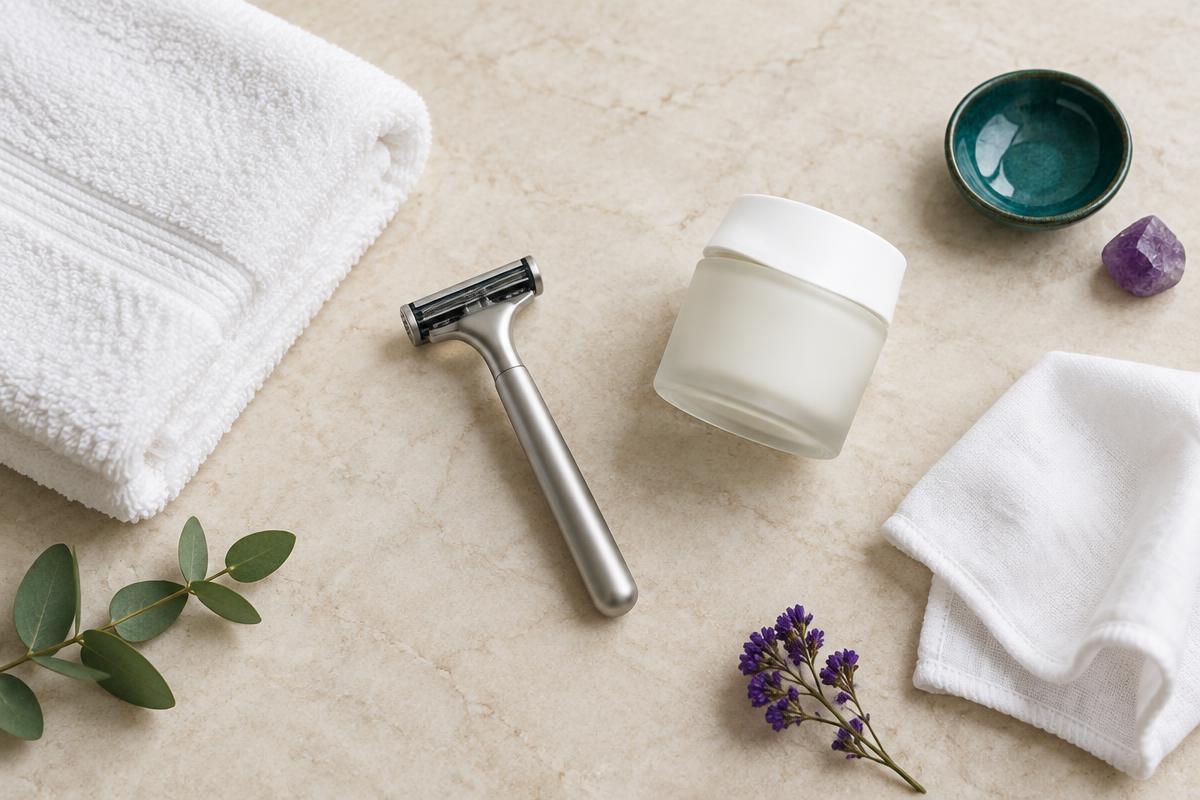 A razor, clean towel and simple skincare arranged before laser hair reduction