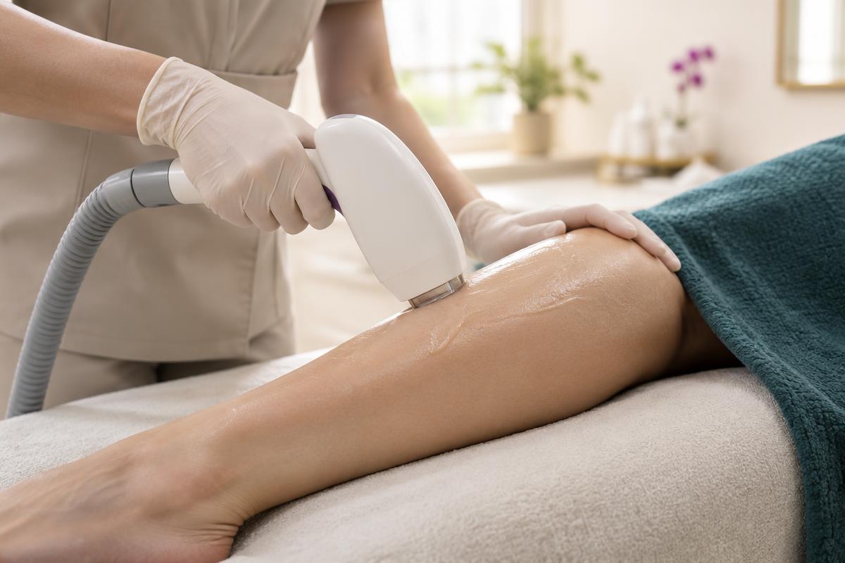 A laser hair reduction handpiece being used on a client's leg