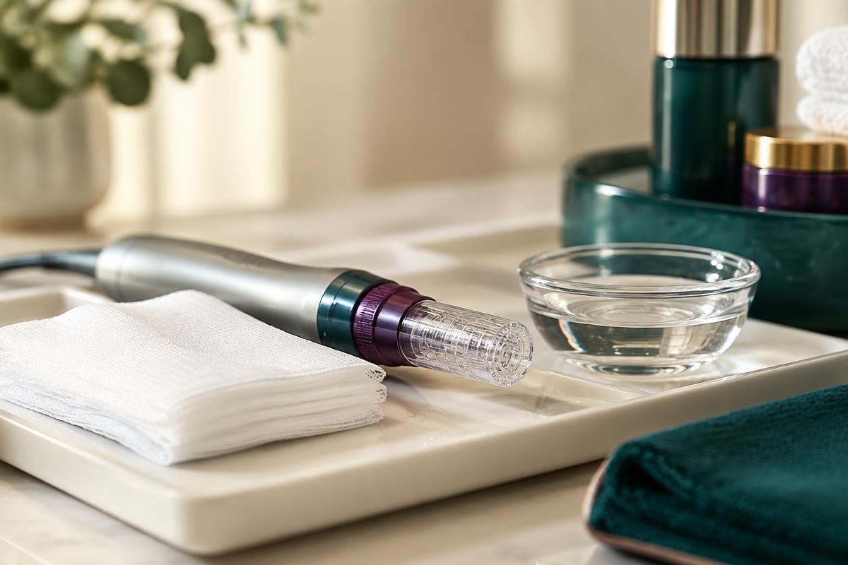 A professional microneedling handpiece prepared for a skin treatment