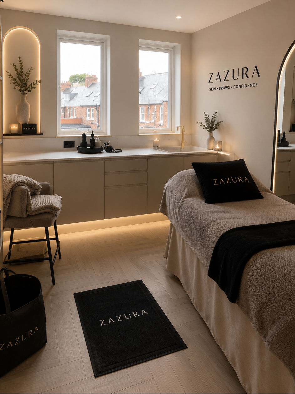 Spa or wellness room with massage bed, shelves, and Zazura branding.